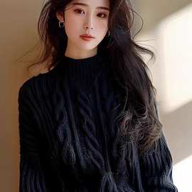 黑色半高领粗线麻花针织毛衣女2025秋季新款感漂亮上衣