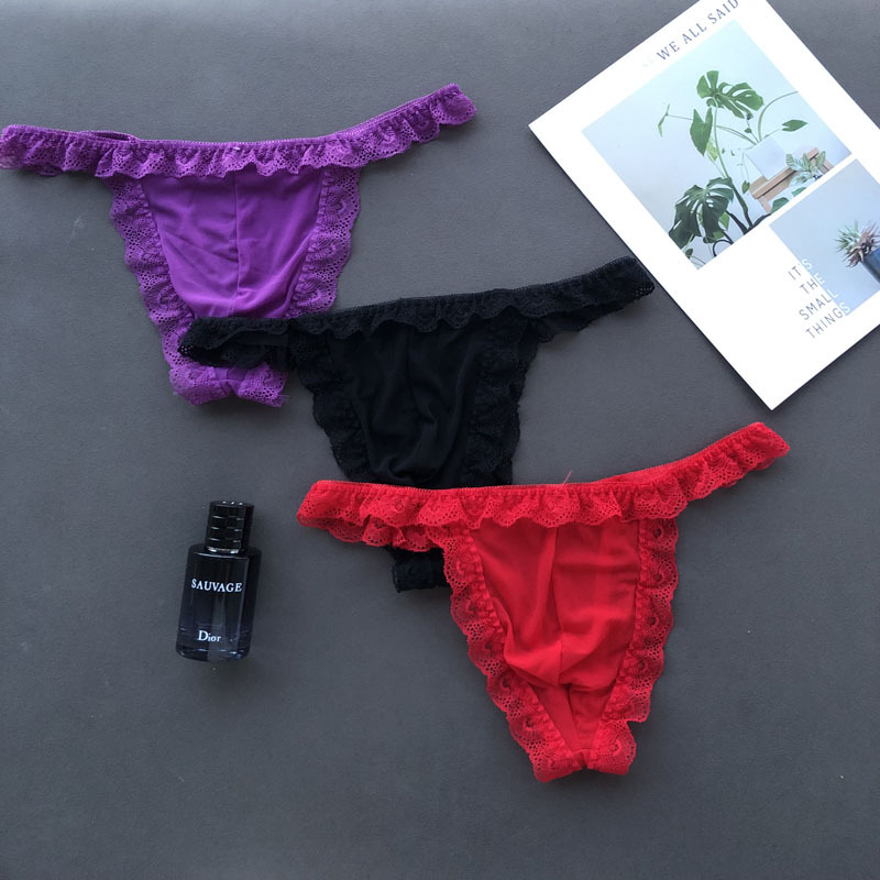 Sexy Mesh Lace Gay Cross-Dressing Sexy Underwear Men's Thong Low-Waist Hip Lifting Briefs for Men