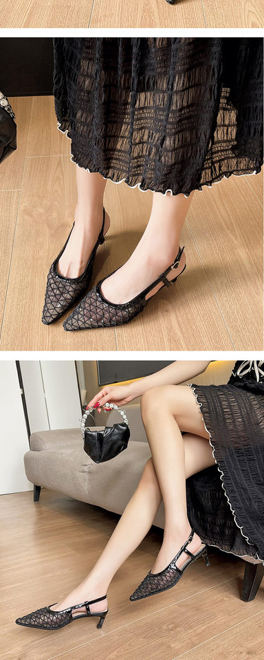 Dép sandal nữ bít mũi lưới thoáng khí mũi nhọn quai ngang gót thô 3–6 cm — Màu vàng, Màu đen chi tiết 10