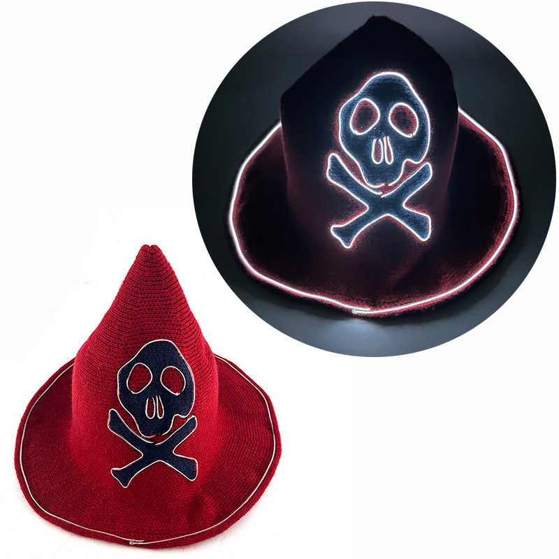 Comercio exterior nuevo LED calavera de Halloween sombrero luminoso hechizo sombrero de punto fantasma sombrero de fiesta europea y americana