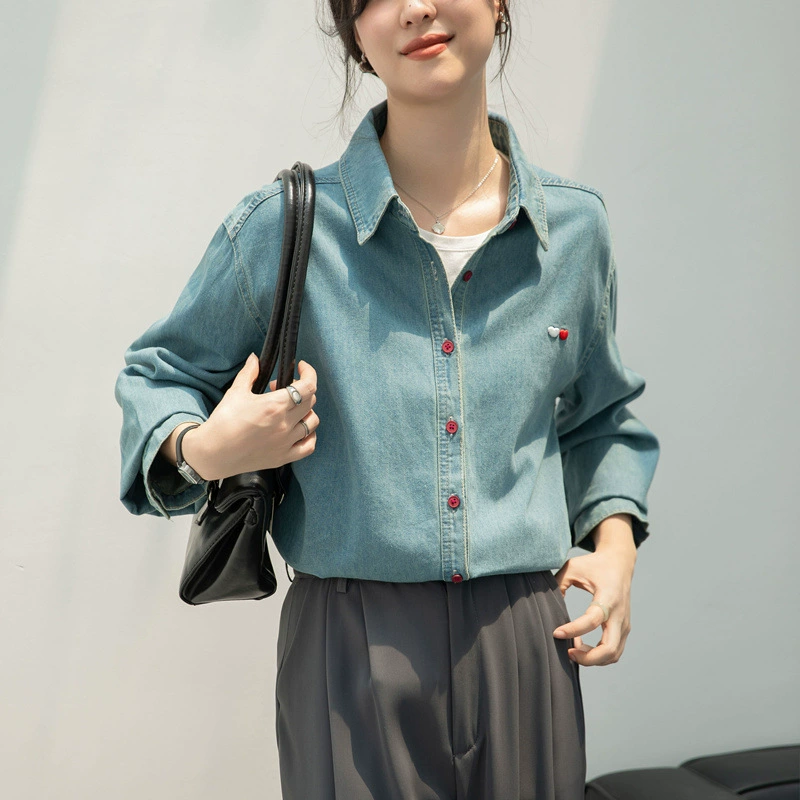 Европейские товары 2024 утренняя весна любящая вышивка синяя джинсовая рубашка женская толстая рубашка