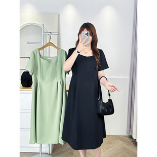2025 plus size Women's Summer New Chubby Sister Simple Fresh Square Neck Small Plaid Short-sleeved dress 7235