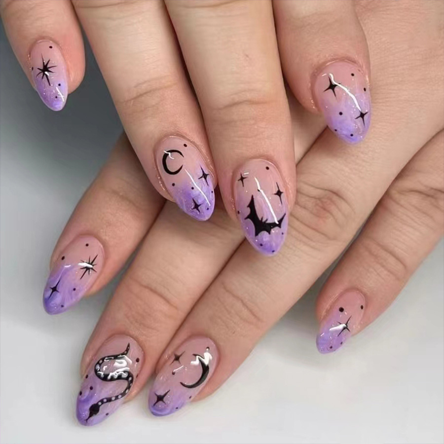 Almond Shape False Nails Black Bat Moon Star Halloween Design_voghion.com