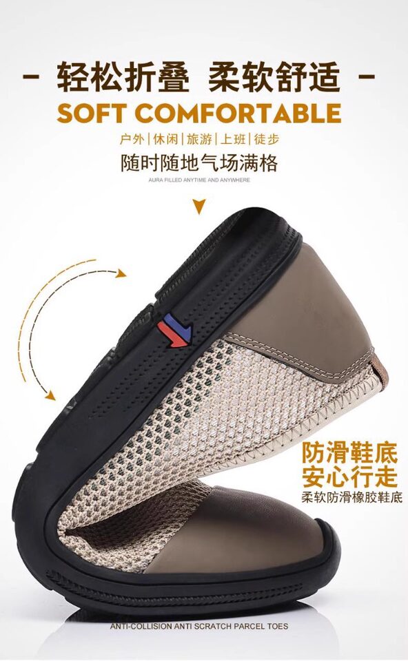 Giày sandal nam lười đế bằng, mũi tròn, thân lưới thoáng khí, phong cách casual — Màu kaki, màu đen chi tiết 7