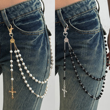 欧美跨境饰品 嘻哈风十字架吊坠牛仔挂链 时尚ins仿珍珠链条裤链