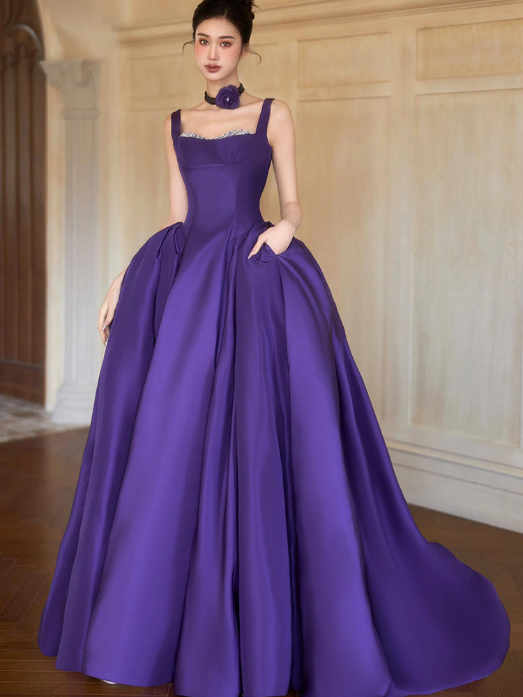 Purple string temperamento vestido de noche otoño 2025 nuevo estilo simple satén de fiesta de cumpleaños vestido elegante