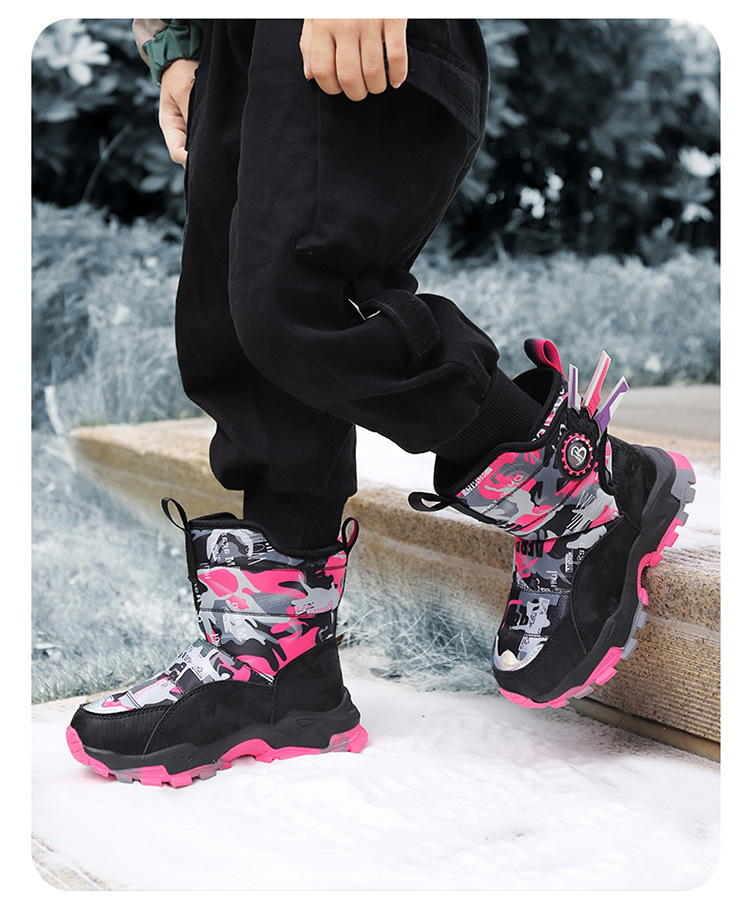 Bottes de neige Northeast pour enfants avec velours épais, chaussures en coton imperméables et antidérapantes pour garçons et filles de taille moyenne et grande_voghion.com
