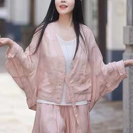 2026夏季蝙蝠袖设计感苎麻开衫轻薄外穿麻料短外套女宽松防晒衣