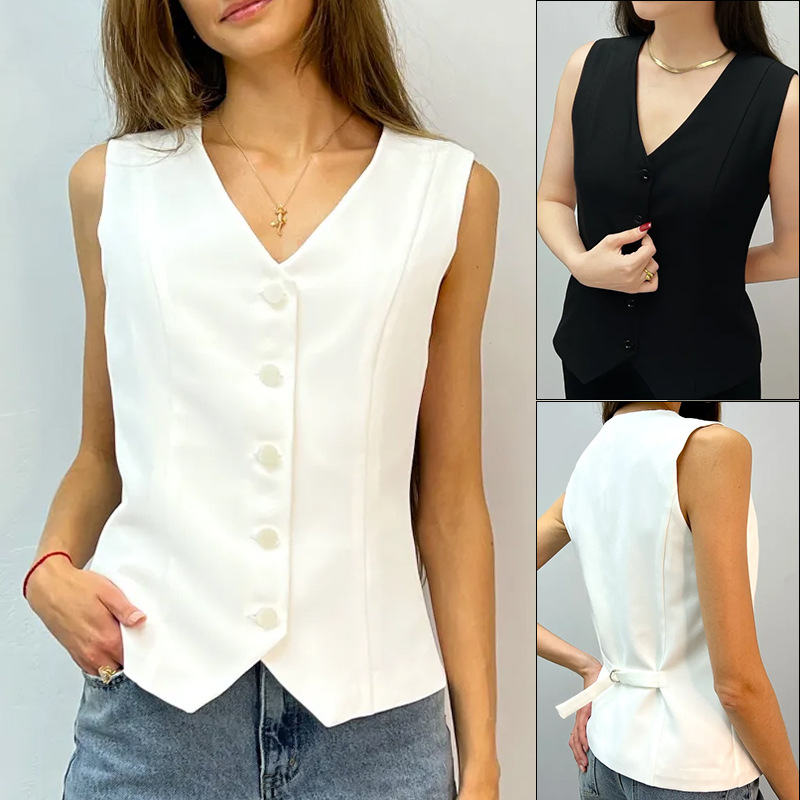 2026 Cross-Border European and American New Style Summer V-Neck Sleeveless Cardigan Top Outerwear Summer Vest for Women