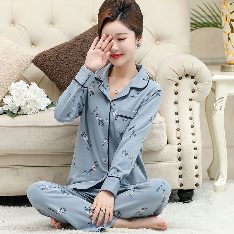 Primavera y otoño pijamas mujeres de mediana edad y madres ancianas 100% algodón de manga larga Chaqueta de punto traje suelto más tamaño ropa para el hogar