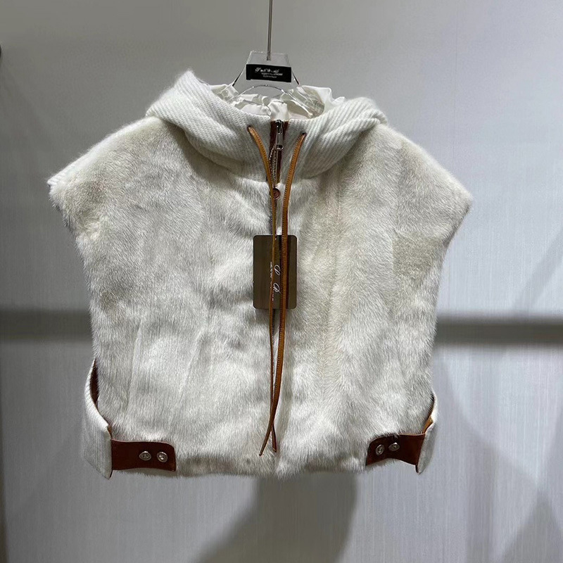 LP Same Style Mink Fur Women's Fur Vest Coat Short Vest Sleeveless Jacket Open Sleeveless Sleeve and Leather Trim LM