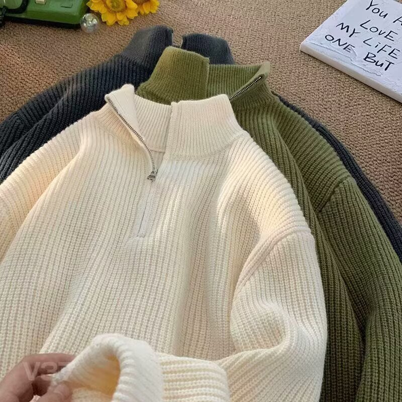 Inspirierter Polo-Strickpullover mit halbem Reißverschluss – Lässiger Oversize-Pullover für Herren (M-3XL, Stretch & pflegeleicht, Streetwear-Basic)_voghion.com