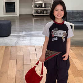 INS 韩版童装2026新款 春夏款中大童女童插肩短袖T恤弹力印花上衣