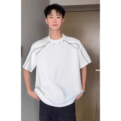 リベット肩パッドトップステッチデコンストラクトヘビーウェイト半袖Tシャツメンズ夏アメリカンファッションブランドボクシーハイエンド五分袖