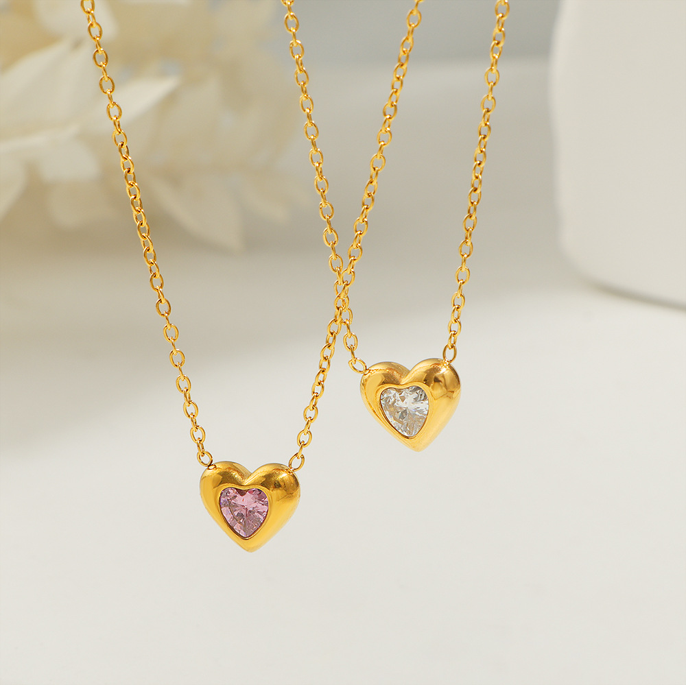 Cross-border Bestseller Pink Heart Necklace In Titanium Steel For Women, High-end Feel Gold White Diamond Heart-shaped_voghion.com