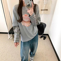 25早秋新款女 韩版棉蛋糕印花学院风假两件拼接条纹长袖T恤打底衫