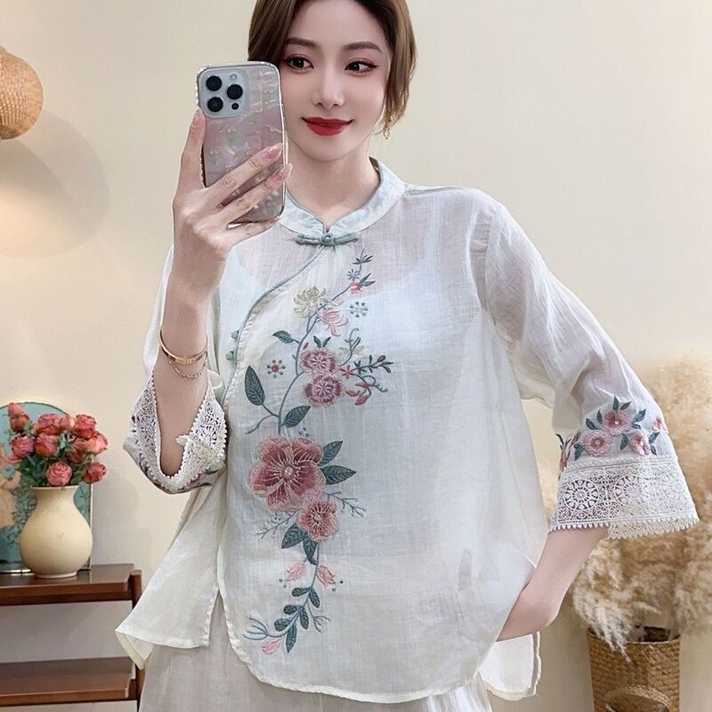 Chinese Style New Cotton and Linen Chinese Lace Oblique Lapel Ethnic Summer Literary Retro Button Embroidery Three-Quarter Top Shirt