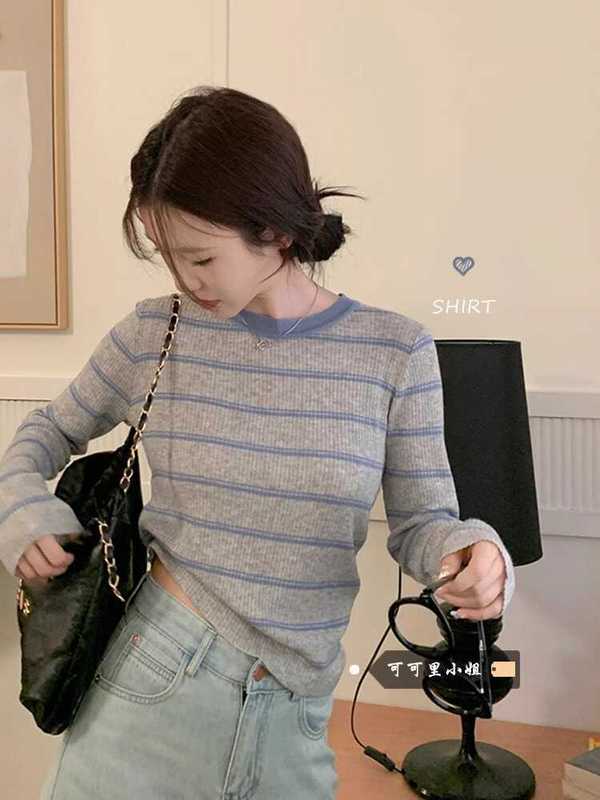 早秋韩版2025新款圆领套头撞色条纹拼接显瘦小众百搭长袖针织衫女|undefined