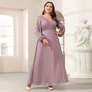 Amazon European and American plus size New Satin V-neck Long Sleeve dress Slim-fit Long Dress Beaded Banquet Evening Dress Women