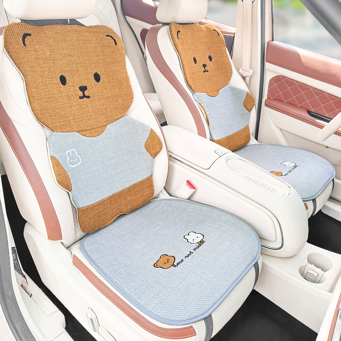 汽车坐垫套座椅座垫2025新款可爱小熊亚麻车内五件套四季通用座套