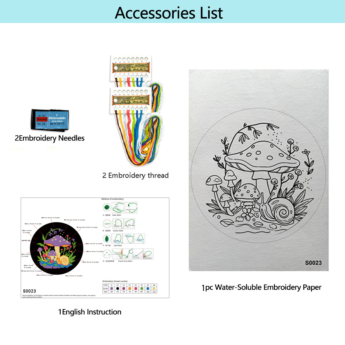 Caracoles bajo hongos (1 hoja de papel soluble en agua + cantidad suficiente de hilo de bordado + dos agujas)