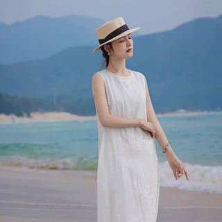 2026新款圆领新中式苎麻连衣裙无袖刺绣绣花中长款宽松显瘦a字裙