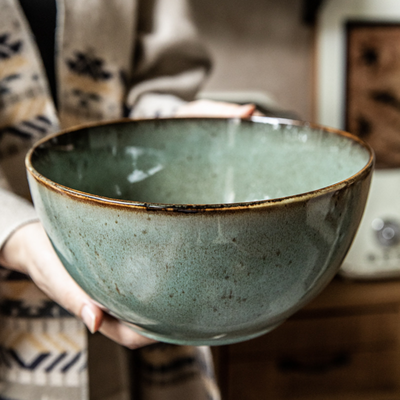 Bobby verde más alto profundizar retro 9 pulgadas tazón de sopa de cerámica enchupe tazón de pescado enchupe tazón de sopa exportación transfronteriza
