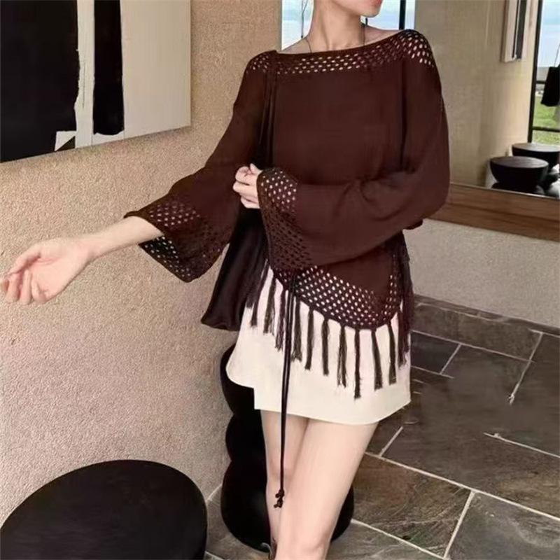 2026 Spring New French Style Lazy Tassel Lace-Up Sweater with Hollow Out Lace Trim, Asymmetrical Shoulder, Long Sleeve Knitted Top for Women