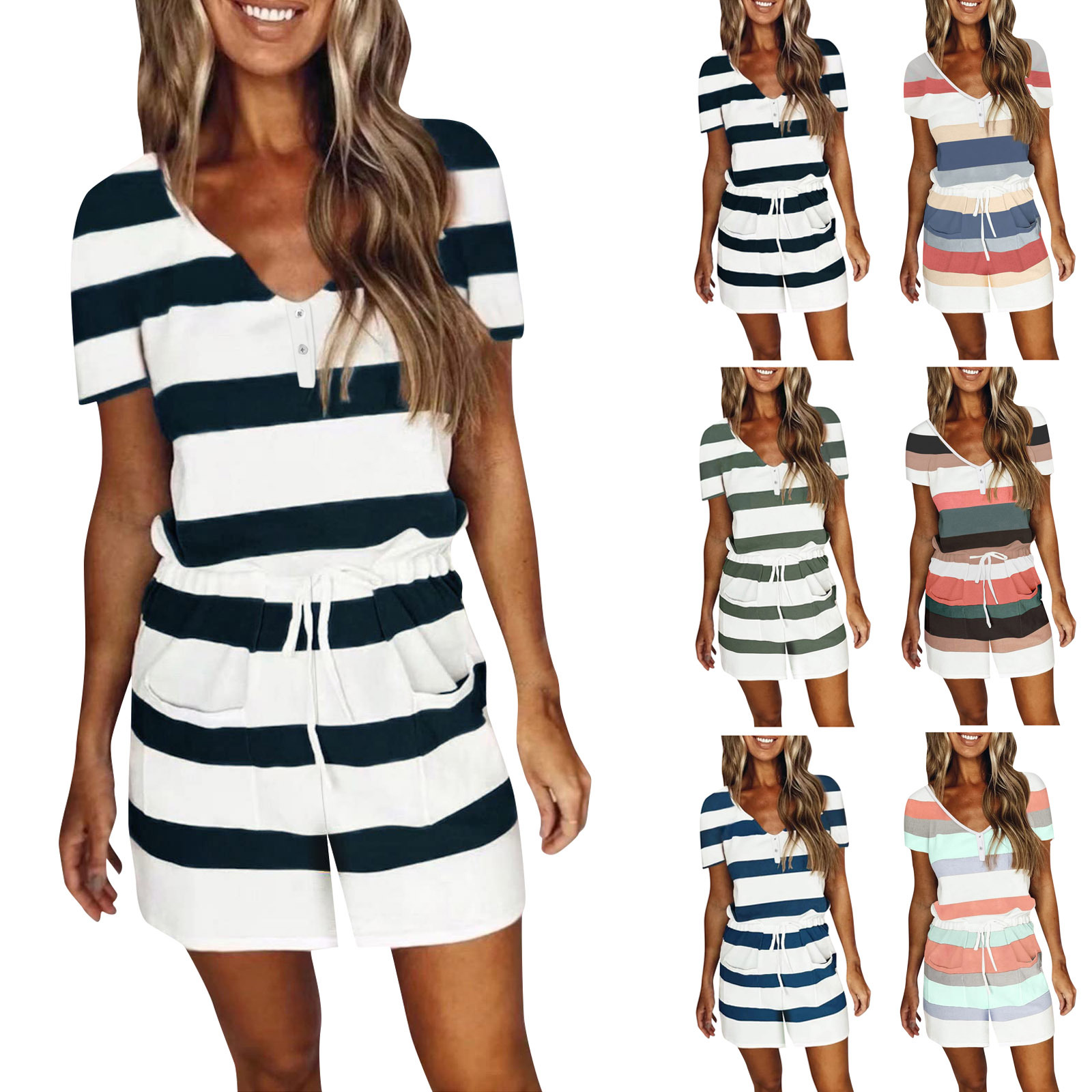 外贸跨境2022欧美春夏新款连体裤条纹休闲家居绑带短袖连体裤短裤