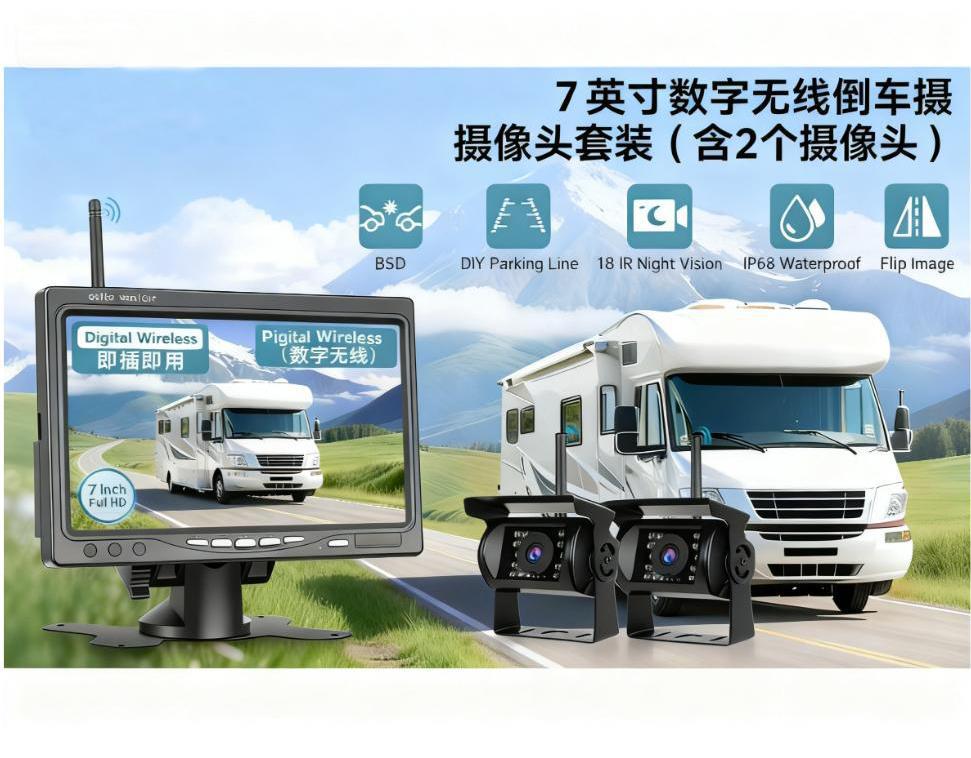 Cross-Border 7inch Digital Wireless Vehicle Display Monitors, Wireless Reversing Images for Trucks, Wireless Reversing Cameras for Buses