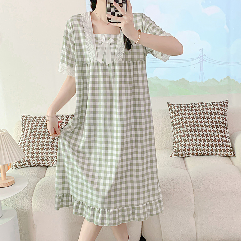 2023 verano Camisón de algodón artificial Plaid encaje ins princesa estilo dulce chica manga corta pijamas casual Home wear