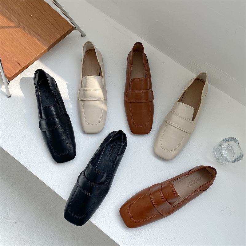 Single-layer Shoes Women's 2023 New Spring Flat Square Toe Milk Shoes Shallow Mouth Soft Sole Slip-on Shoes Korean Style Soft Leather
