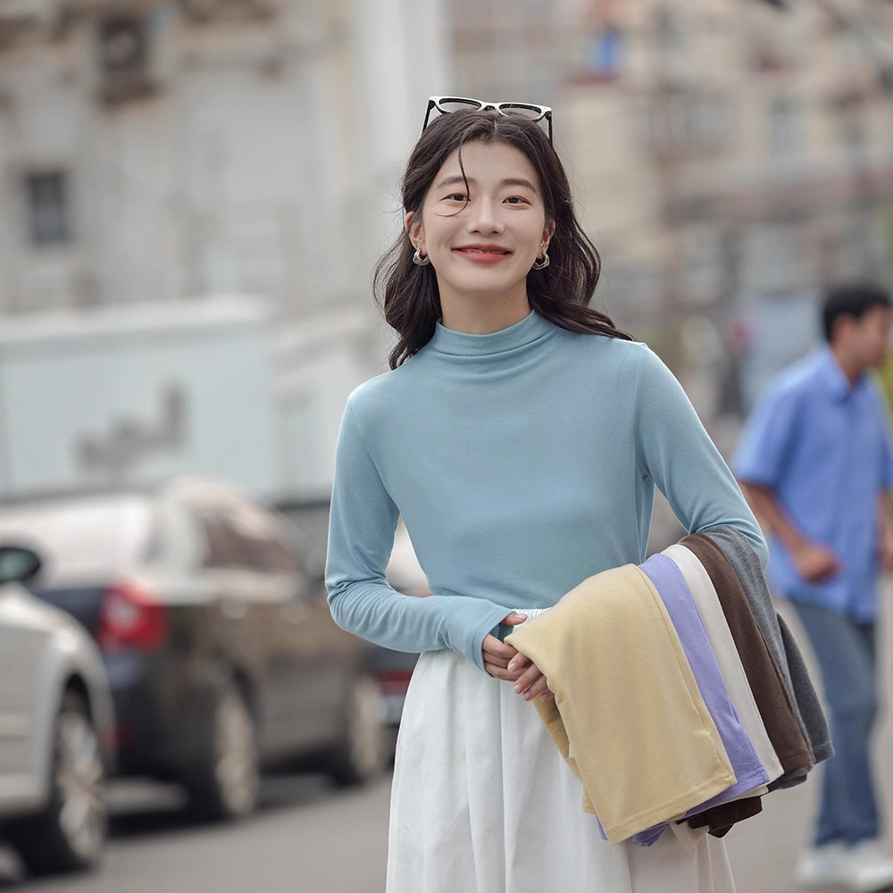 Women's Half Turtleneck Base Shirt 2025 New Autumn Blue Long Sleeve T-Shirt Solid Color Slim Fit Top