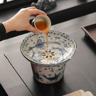 Blue and white ceramic tea residue tank tea washing and building water belt filter household waste water tank desktop trash can pour tea water Meng tea tank