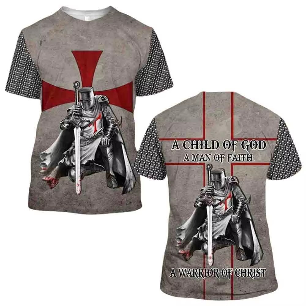 Camiseta transpirable de hombre transpirable de hombro de manga corta de cuello redondo casual con estampado 3D de guerrero de la Cruz Roja transfronteriza europea y americana