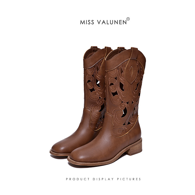 Miss Valunen's New Summer Style Hollow-Out Western Cowboy Boots with Round Toe and Low Heel, Long Boots Miss Valunen's New Summer Style Hollow-Out Western Cowboy Boots with Round Toe and Low Heel, Long Boots