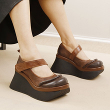 厚底鞋2025春季新款文艺风一字带松糕跟单鞋头层牛皮小个子女鞋子