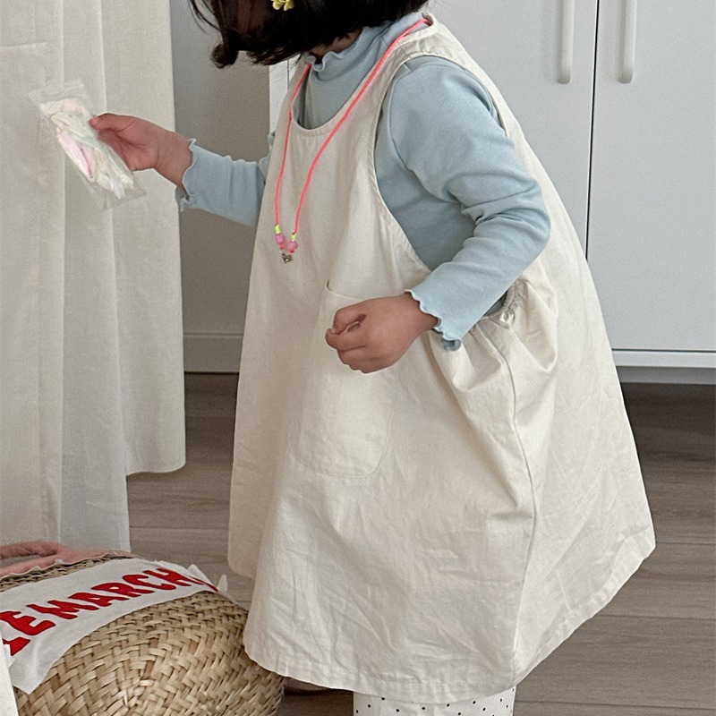 Xifan 2025 Spring and Autumn New Korean Children's Clothing Children's Casual Solid Color Dress Girls Pocket Layered Vest Dress