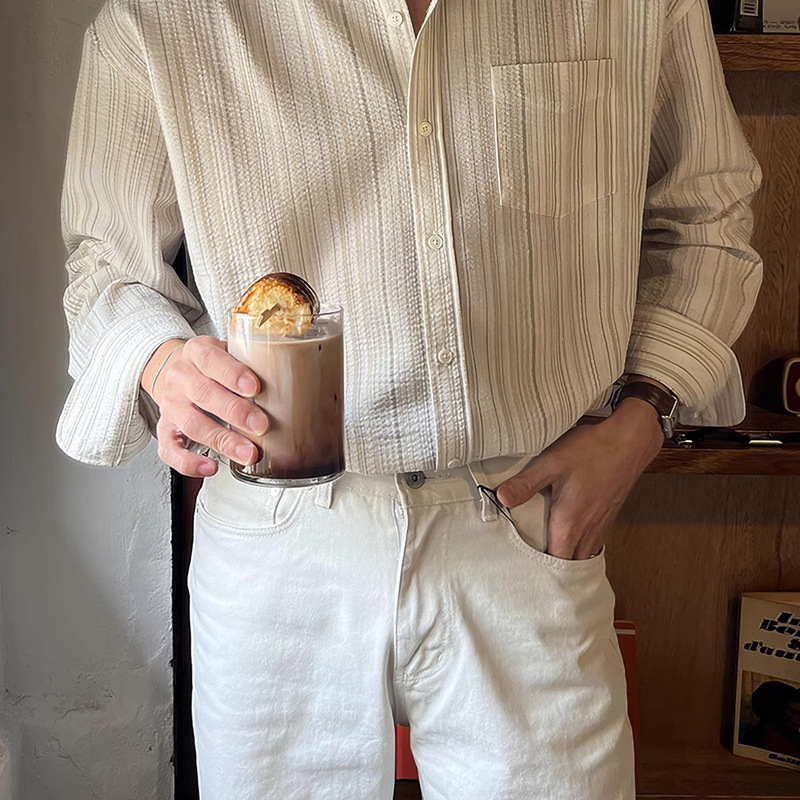 Striped Long-Sleeved Shirt for Men Spring and Summer Korean Style High-Quality Textured Niche Design Casual No-Iron Draped Shirt
