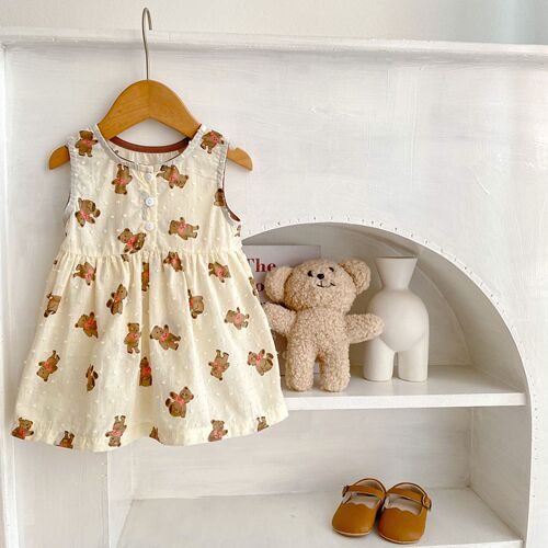 ins  summer clothes for infants and young children, baby girls, cotton bear print, cut-out craft vest, small long skirt