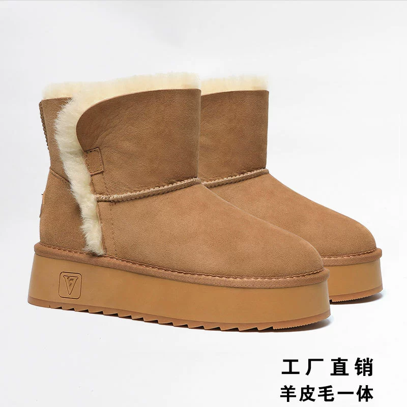 Женские зимние сапоги из овечьего меха, зимние ботинки на толстой подошве, зима 20225, новые утепленные хлопковые ботинки из натуральной кожи с короткими трубками и хлопковые сапоги