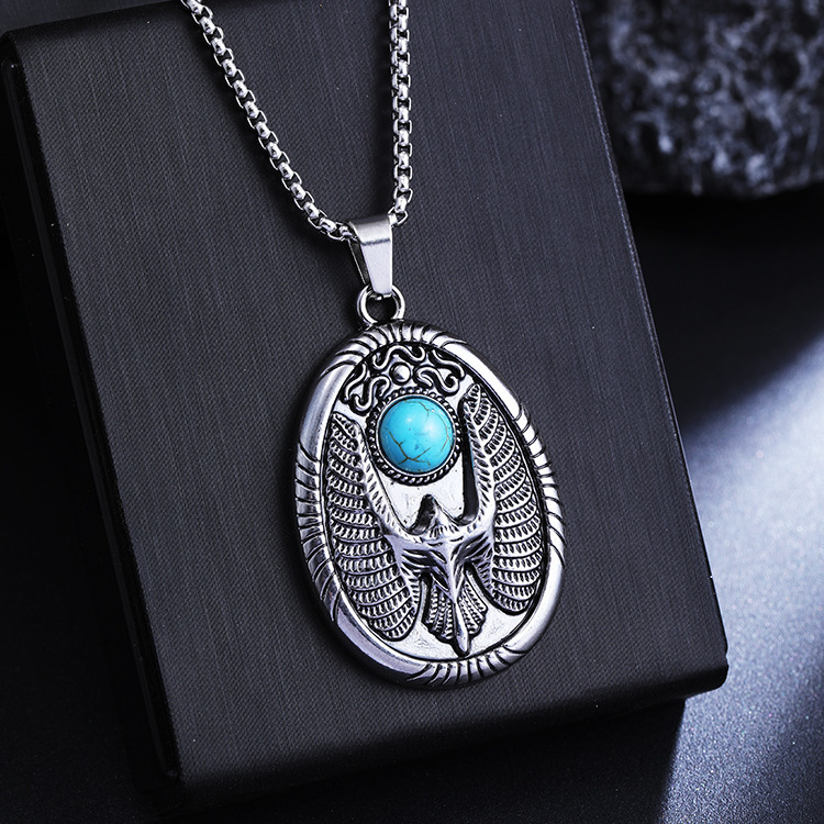 2026 New European and American Retro Fashion Turquoise Flying Eagle Disc Hip-Hop Titanium Steel Pendant Necklace Sweater Chain Accessory 2026 New European and American Retro Fashion Turquoise Flying Eagle Disc Hip-Hop Titanium Steel Pendant Necklace Sweater Chain Accessory