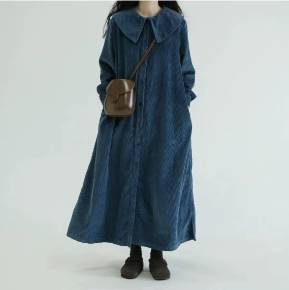 Solid Color Navy Collar Loose Long-Sleeved Dress for Women, Autumn Vintage Corduroy Style, Slimming Single-Breasted Long Dress