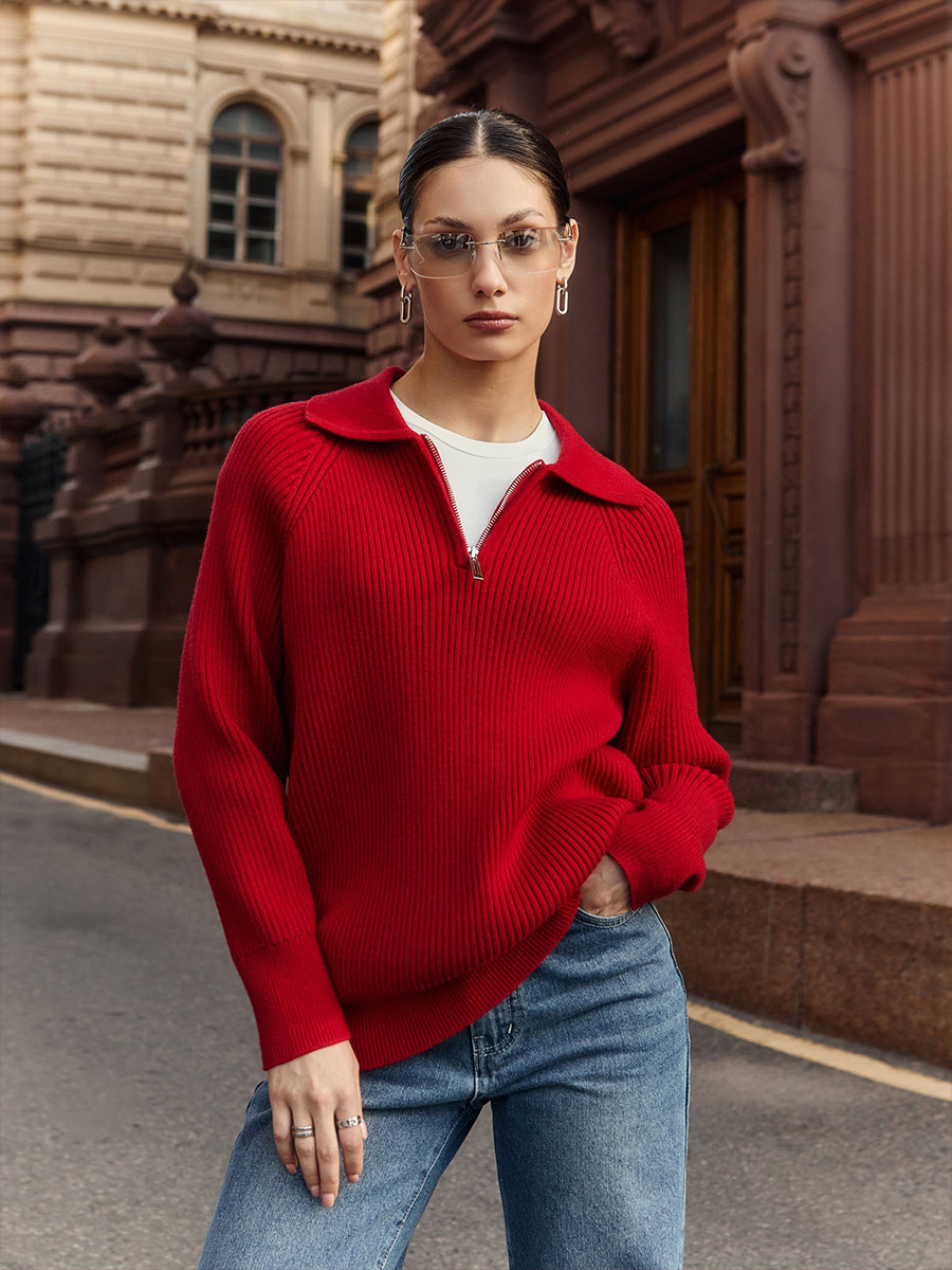 Transfronterizos Europa y Estados Unidos otoño y invierno 2025 nueva tendencia versátil simple ocio polo collar con solapa suéter de punto