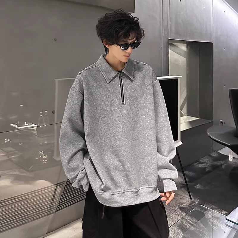 Primavera y otoño, camiseta negra de manga larga con remaches de alta calidad, chaqueta de media cremallera, camiseta universal para hombres