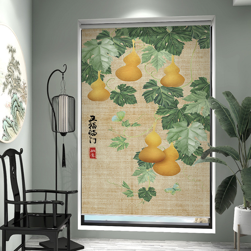 新中式卷帘窗帘遮光中式阳台手动卧室茶室书房小窗户遮阳帘免打孔|undefined