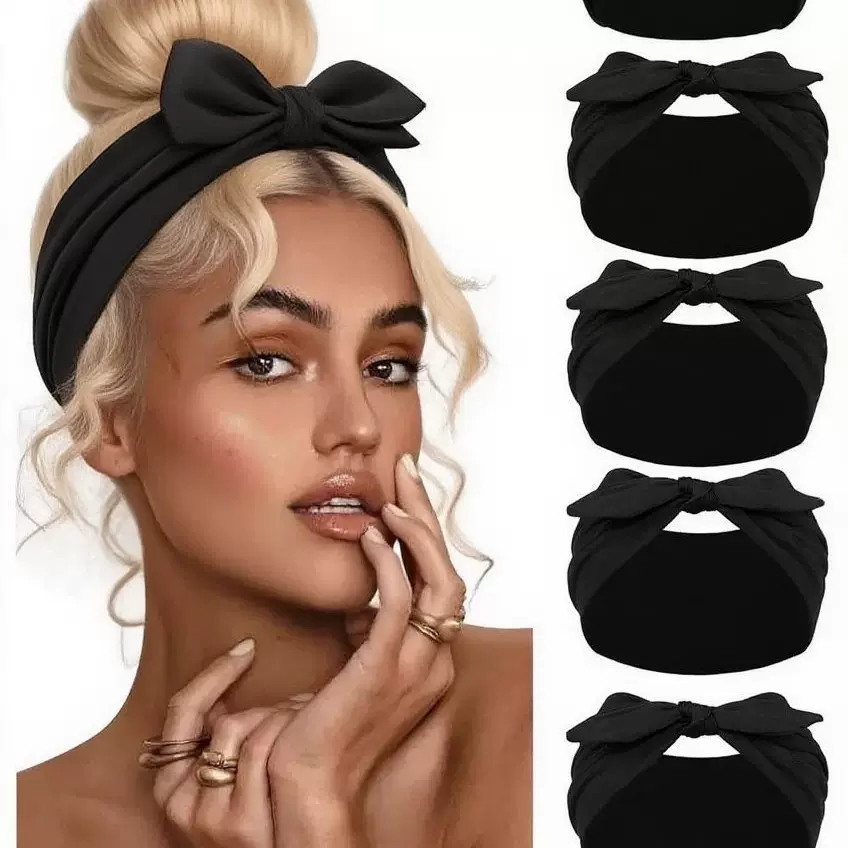 跨境新款宽边兔耳朵发带欧美蝴蝶结纯色发饰弹力吸汗瑜伽运动头带