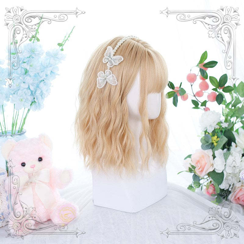 White golden wig women's short hair cute age-reducing short curly hair wool roll artificial natural full head cover