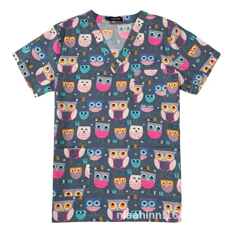 国境を越えたアマゾンの爆発的なアニメプリント看護師服女性vネック半袖tシャツ上着手術服作業服男性|undefined