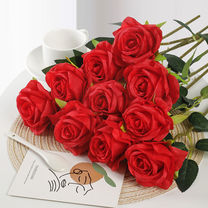 Artificial rose bouquet single fake flower wedding home decoration flower arrangement Valentine's Day decoration feel flannel Rose